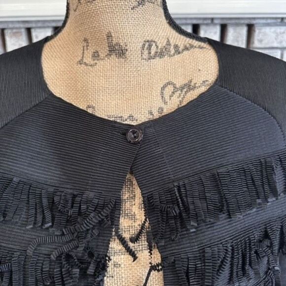 Black Silk Fringe Crepe Crinkle Textured Bolero Cardigan Jacket Artsy Cropped - Picture 3 of 8